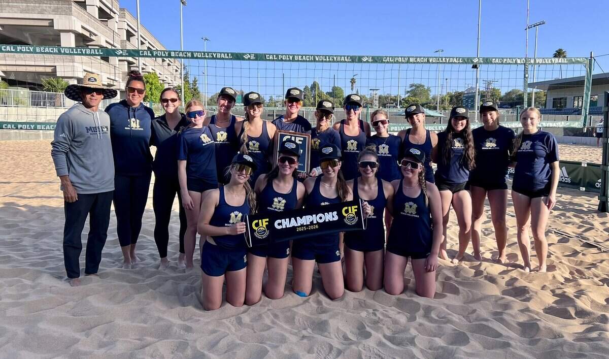 Mission Prep’s beach volleyball team celebrates its 2026 CIF title.