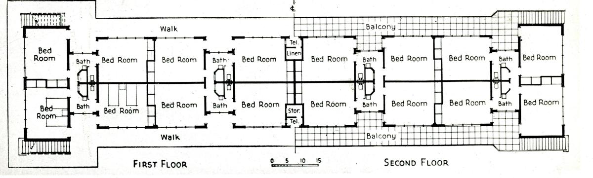 The North Mountain Residence Halls at Cal Poly were based on a design already built at Claremont College. They were rushed into construction when the outbreak of the Korean War removed Camp San Luis hospital housing from Cal Poly’s inventory. Construction started in 1951, and the five buildings were completed for a cost of $250,000 each. They opened in September 1952.