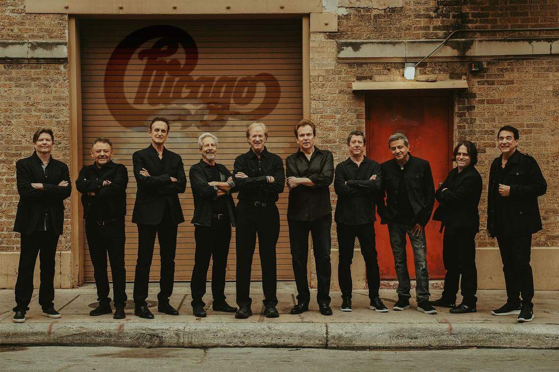 Chicago will perform at Vina Robles Amphitheatre in Paso Robles on Sept. 17, 2026. The band, from left, includes Carlos Murguía, Neil Donell, Nick Lane, Lee Loughnane, Ray Herrmann, Tony Obrohta, Ray Yslas, Justin Avery and Walfredo Reyes Jr.