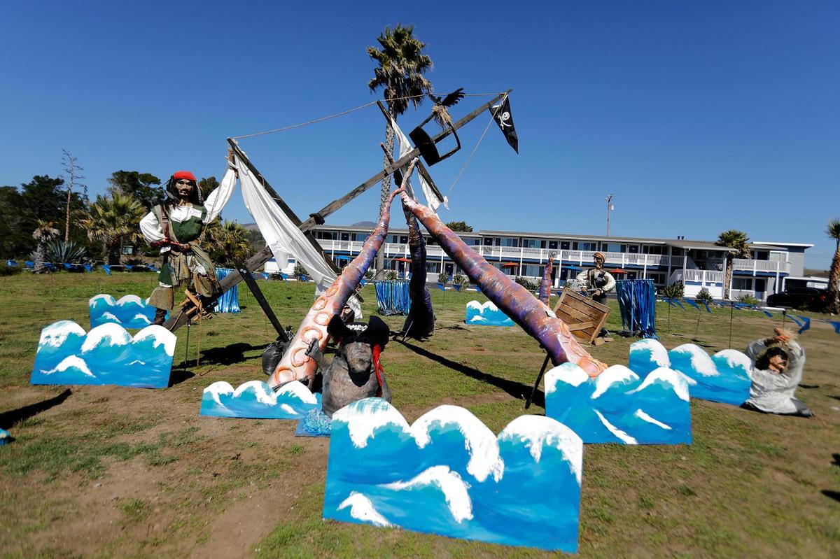 Cambria’s famous scarecrows are spread out from Cambria to San Simeon to the north. The “Kraken” is the largest scarecrow in the “Pirate’s Cove” located next to San Simeon Bar and Grill, 9520 Castillo Drive in San Simeon.