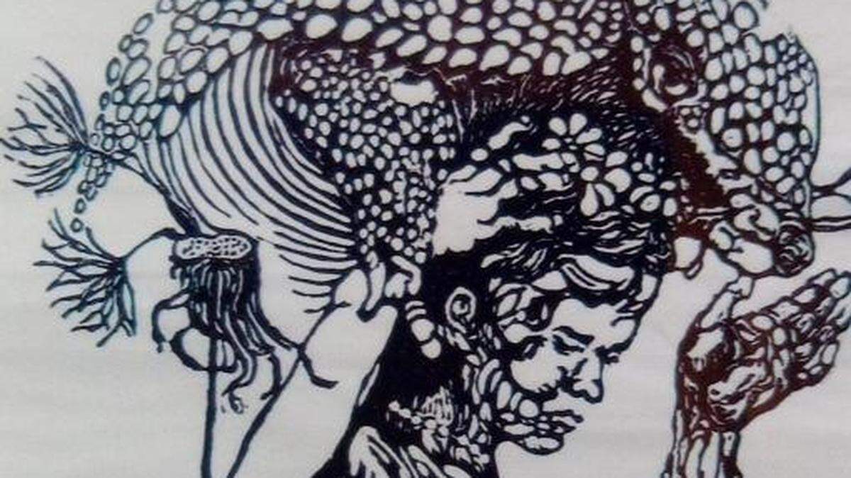 Longtime Cambria artist Ruth Armstrong’s woodblock print of a woman carrying an animal.