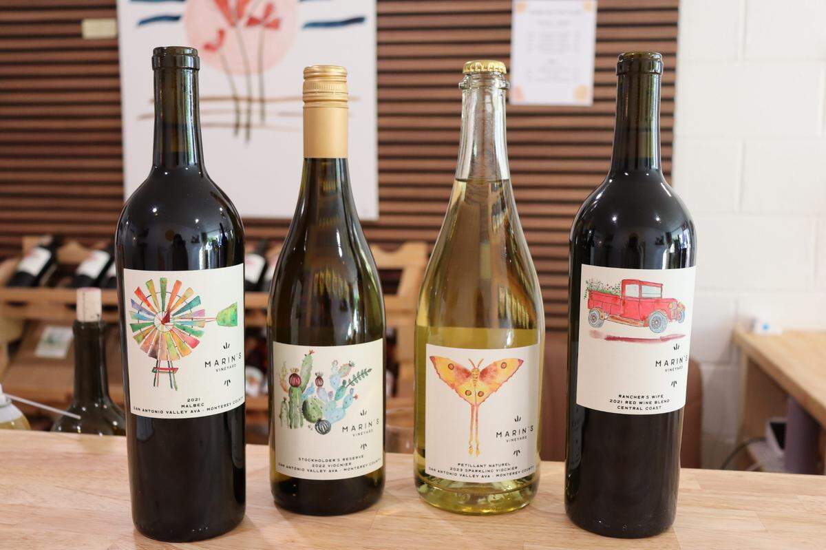Four of Marin’s Vineyard wines, from left: a 2021 malbec; the Stockholder’s Reserve, a 2022 viognier; their signature 2023 sparkling viognier; and the Rancher’s Wife, a 2021 red wine blend. Marin’s Vineyard opened a new tasting room at 5983 Entrada Ave. in new downtown Atascadero on August 2024.