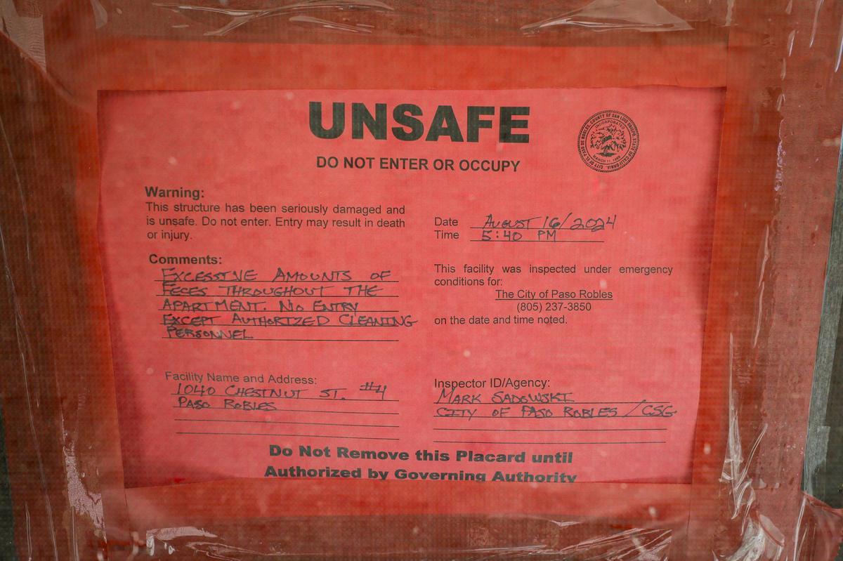 The remains of 40 deceased cats were found in an apartment on Chestnut Street in Paso Robles in mid-August 2024. The city red-tagged the unit as unsafe to occupy until cleaned.