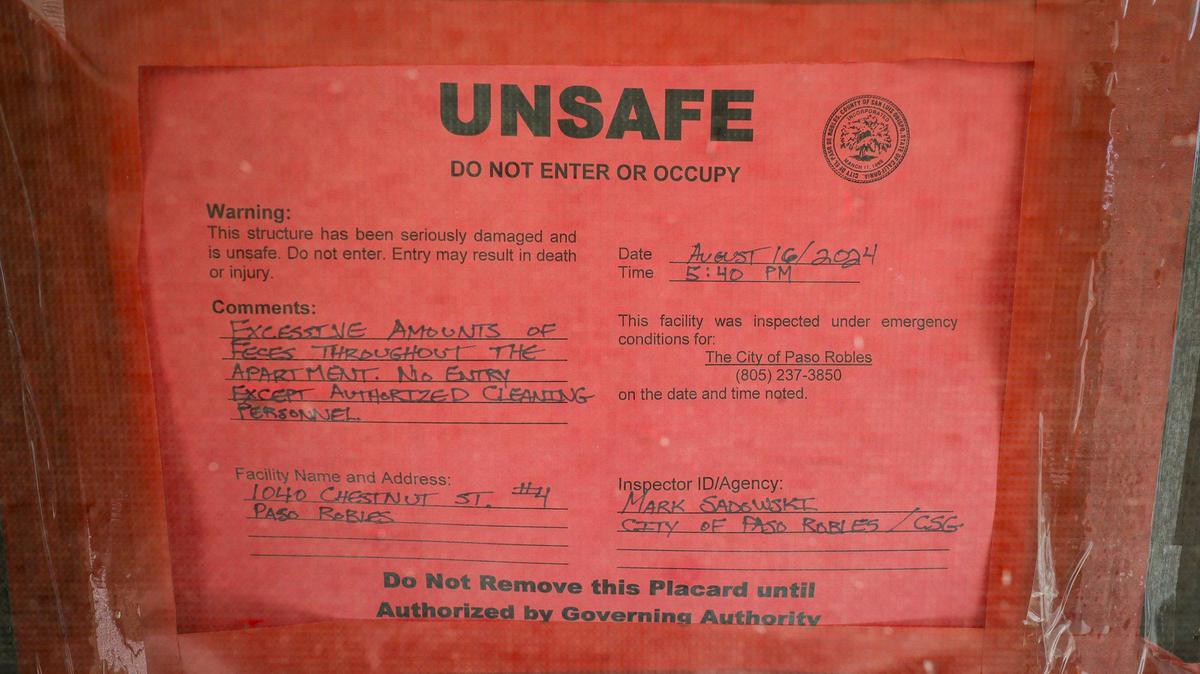 The remains of 40 deceased cats were found in an apartment on Chestnut Street in Paso Robles in mid-August 2024. The city red-tagged the unit as unsafe to occupy until cleaned.
