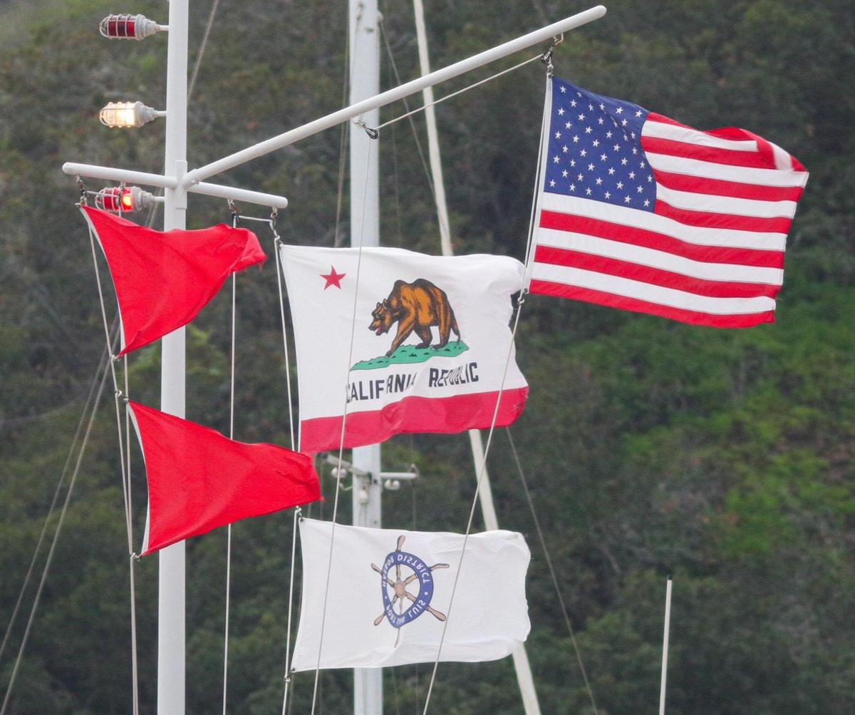 Two red flags indicate a gale warning at Port San Luis as clouds from a strong winter storm were building in the west on Jan. 4, 2023.
