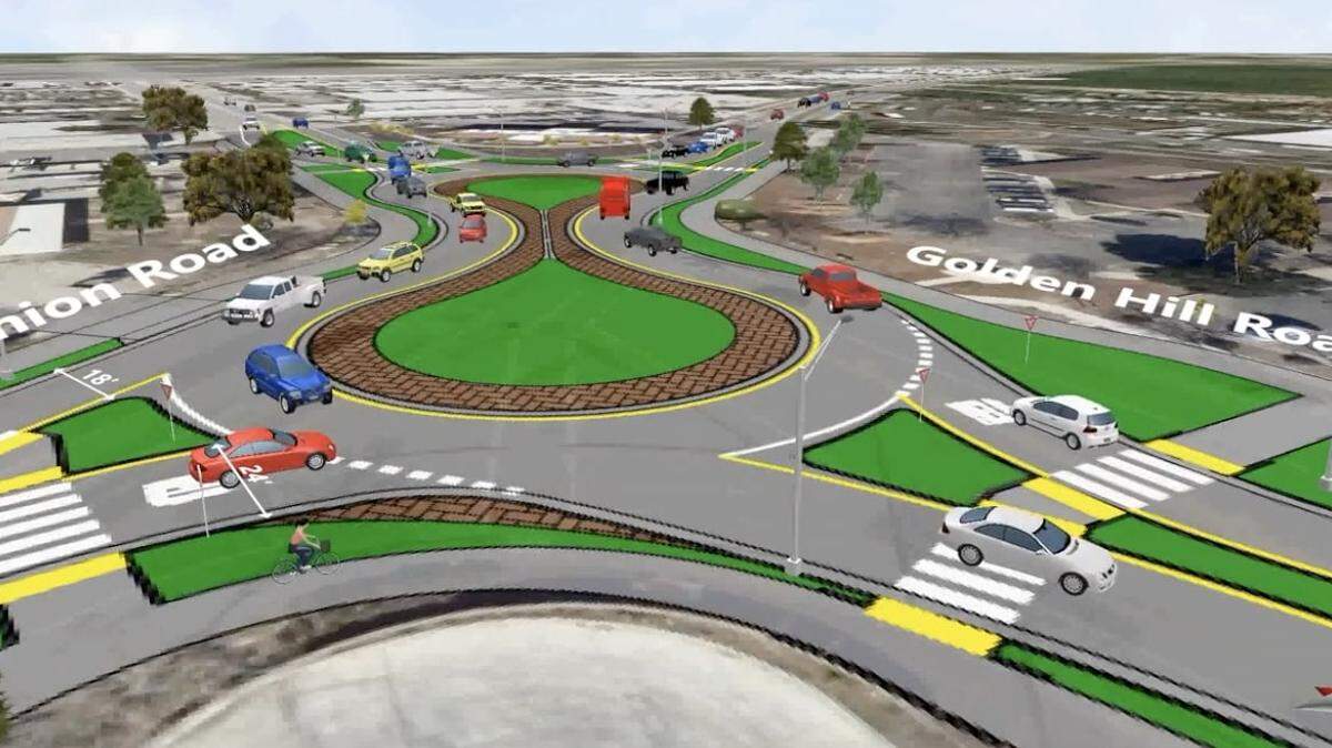 Paso Robles is constructing a roundabout shaped like a dog bone at the intersection of Golden Hill and Union roads. Construction will take a year and require detours.