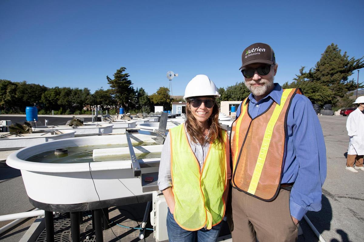 Shelley Blackwell, senior scientist at Cal Poly, left, and Tryg Lundquist, professor of civil and environmental engineering and director of the Sustainability Utilities Research and Education program at Cal Poly, oversee research studying how algae can be used to clean and treat wastewater more efficiently than other methods.