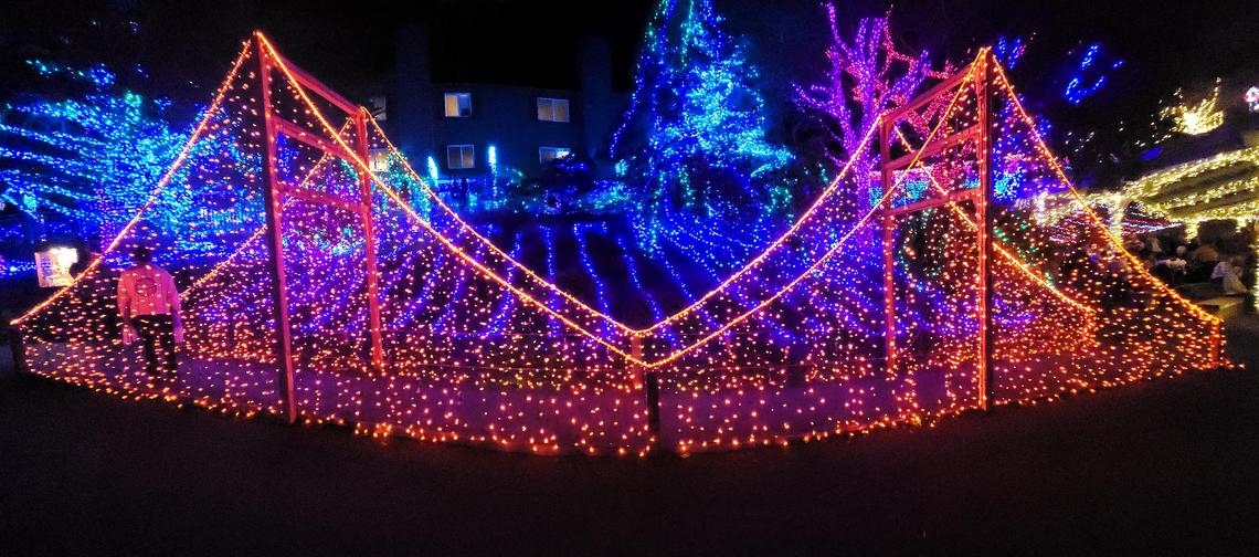 A light display inspired by the Golden Gate Bridge is among the attractions at Cambria Christmas Market on Wednesday, Dec. 14, 2022.