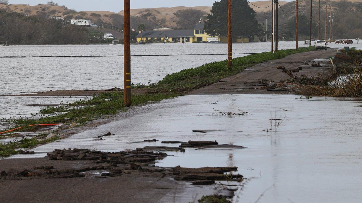 Water was still flowing from Arroyo Grande Creek into farm fields south of Oceano on Jan. 10, 2023.