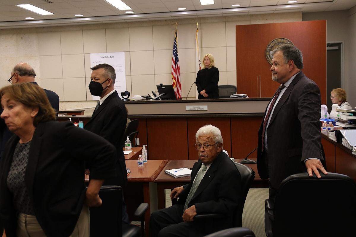 From left to right, Paul Flores, his father, Ruben Flores, Monterey County Superior Court Judge Jennifer O’Keefe and Ruben Flores’ defense attorney, Harold Mesick, appear in Monterey County Superior Court in Salinas on Sept 26, 2022.