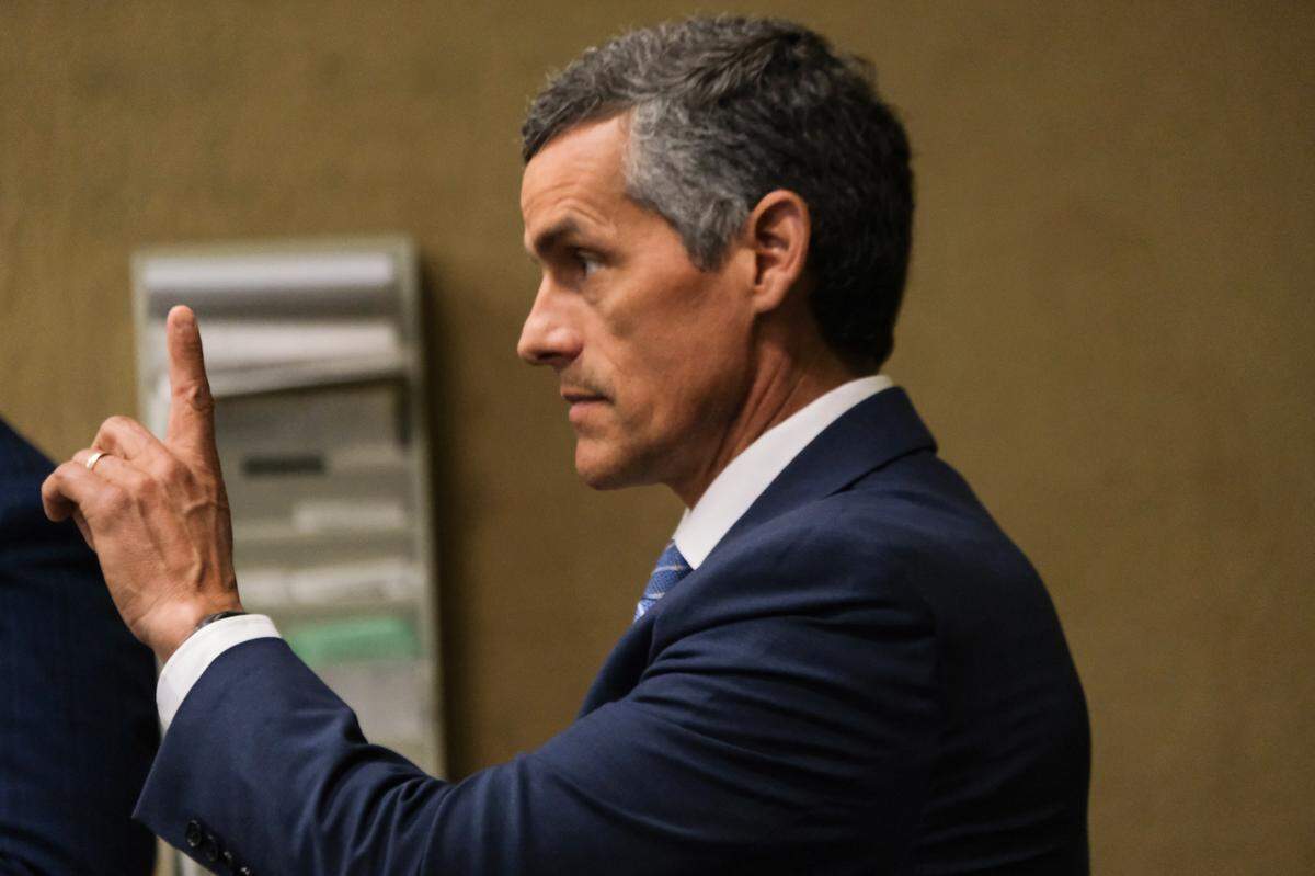 San Luis Obispo County Assistant District Attorney Eric Dobroth speaks to the judge during a hearing in the case against Fallyn Rollins in San Luis Obispo Superior Court on Feb. 24, 2025. Rollins, a former probation officer, was accused of embezzling money from the Probation Department units while serving as treasurer.