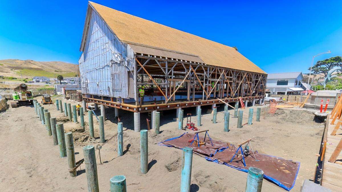 The Cayucos Veterans Memorial Hall rests on its new foundation on Wednesday, Aug. 2, 2023.