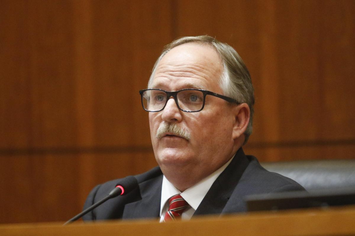 Chellenger Greg Clayton speaks at a sheriff's candidate forum Wednesday at the Board of Supervisors Chambers.