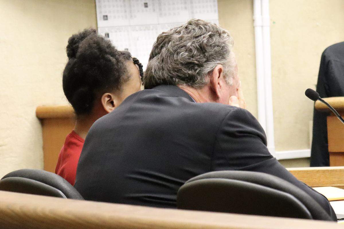 Heather Hunt, left, receives her sentence as her attorney, Paul Phillips, cried with his head in his hands in the San Luis Obispo Superior Court on Oct. 1, 2025. Hunt avoided a life sentence for sex trafficking a minor.