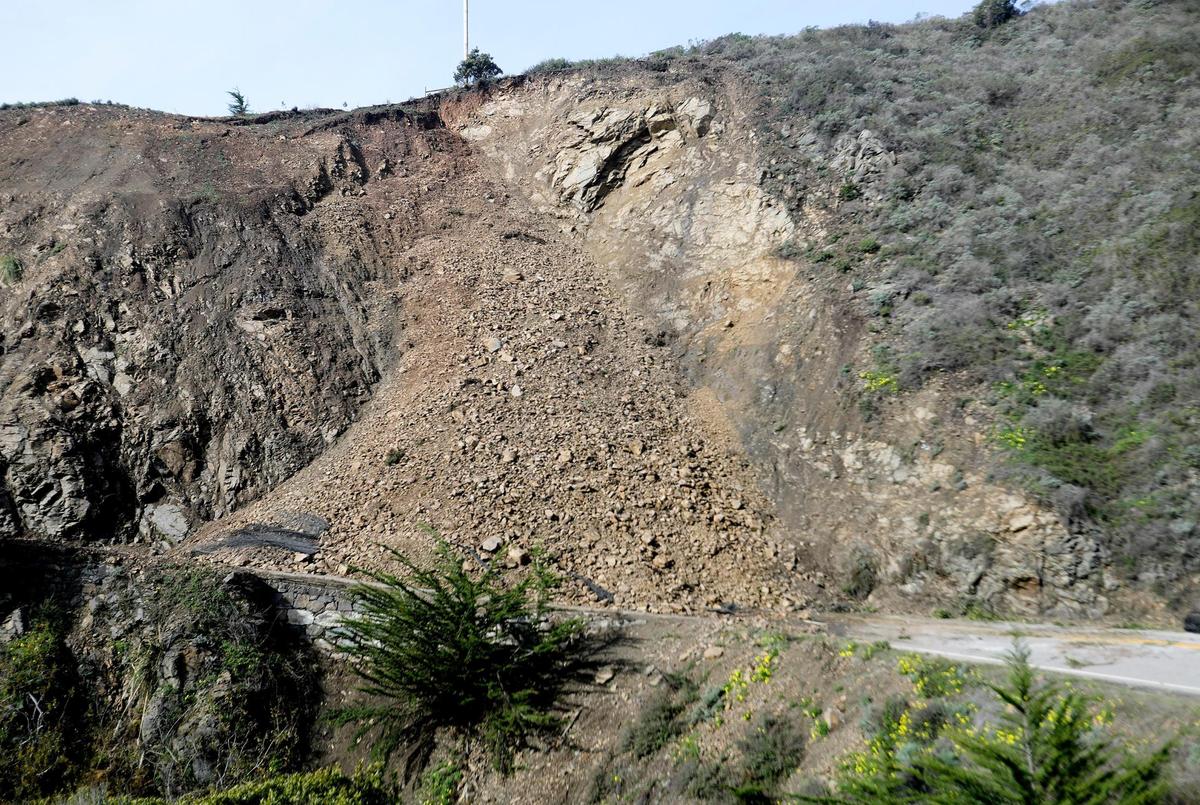 Mesh was unable to contain a landslide that slipped onto Highway 1 at Polar Star, about a mile south of Ragged Point, on Jan. 5, 2023.