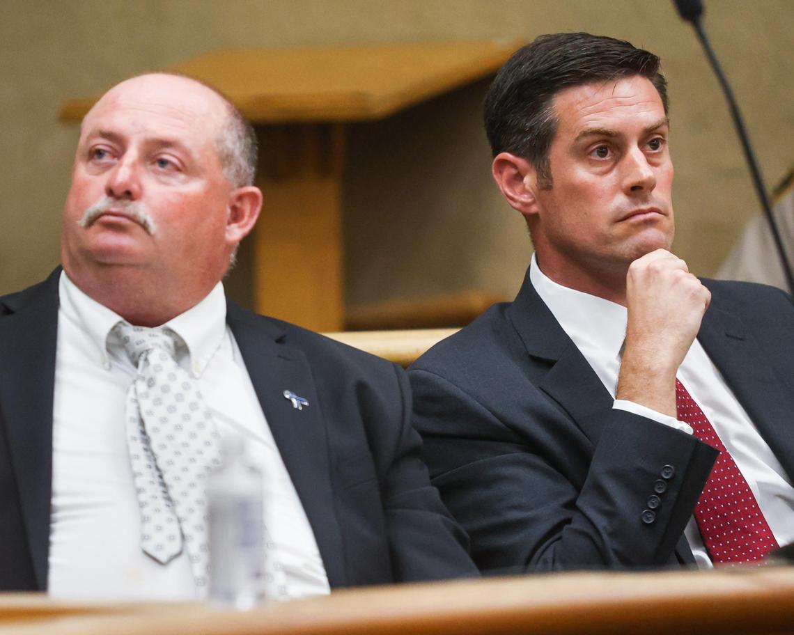 Sheriff’s Det. Clint Cole, left, and deputy district attorney Chris Peuvrelle listen to arguments at the July 14, 2021, hearing for Paul and Ruben Flores in the Kristin Smart murder case.