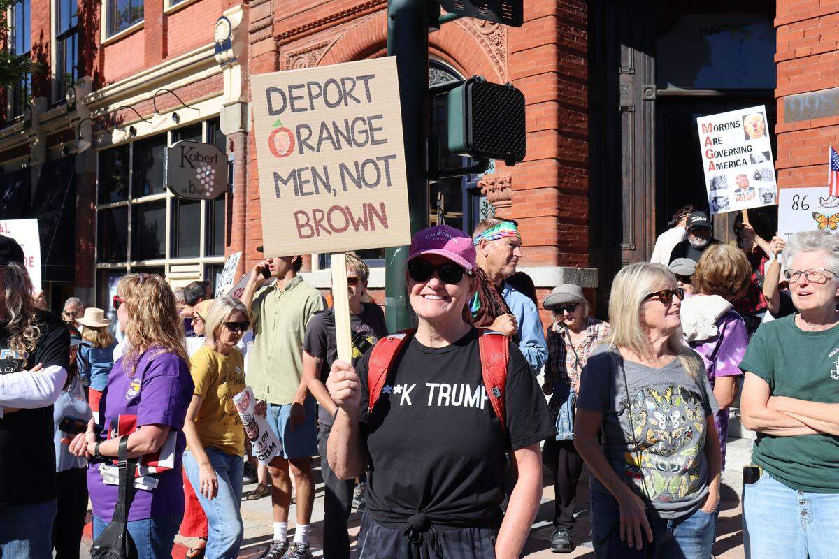 Thousands of people attended the No Kings rally in downtown San Luis Obispo to protest the Trump administration and support Prop. 50 on Oct. 18, 2025.