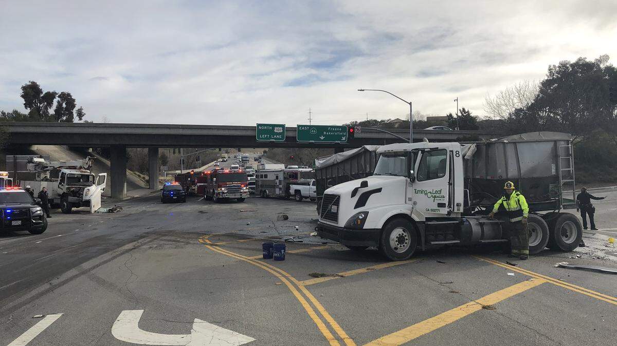 Paso Robles Fire and Emergency Services on scene of a large crash involving two semi trucks at the Highway 46 underpass at Highway 101 on Monday morning.