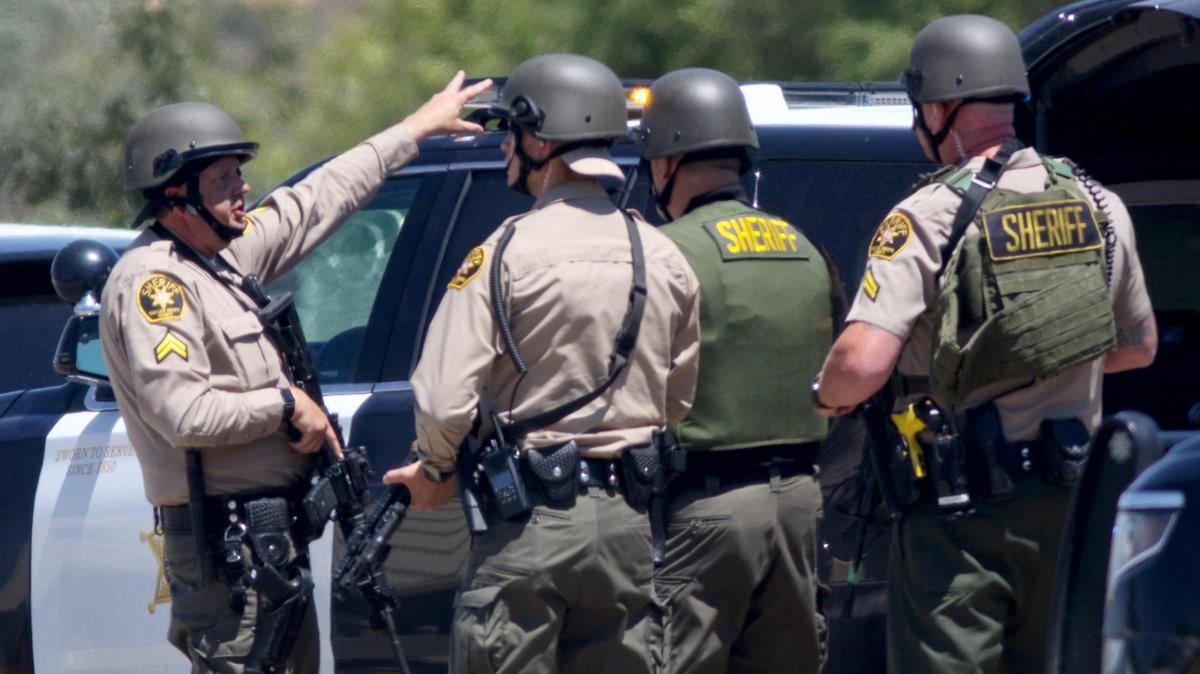 After shots were fired on officers south of Paso Robles, San Luis Obispo County Sheriff’s Office deputies and others converg on the industrial area near Volpi Ysabel Road and Ramada Drive on June 11, 2020. Police and other law enforcement were following up on reports of the shooting suspect, 26-year-old Mason James Lira, still at large in the Paso Robles area.