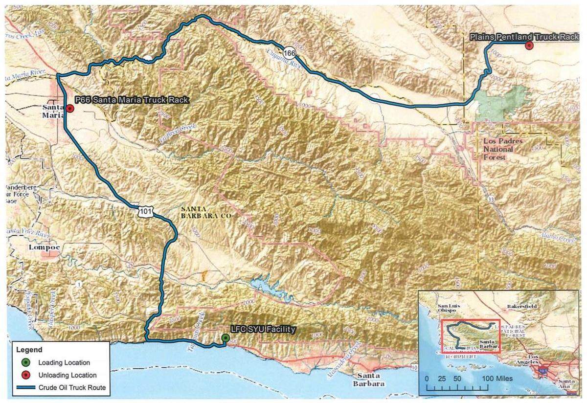 Oil trucks would move crude from the Las Flores Canyon facility west of Goleta on Highway 101 to the Santa Maria Terminal in Santa Barbara County or on to Highway 166 to the Plains Pentland Terminal in Kern County.