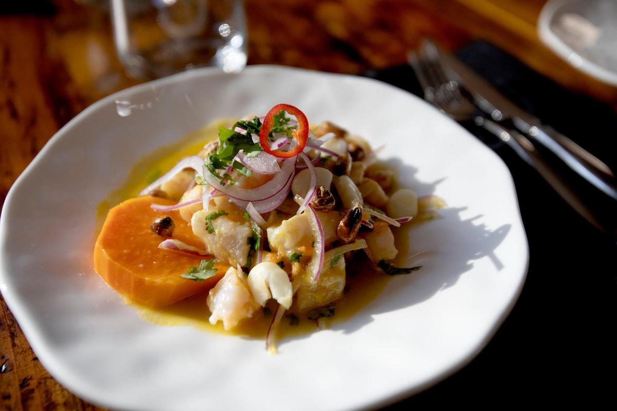 The ceviche dish at Kiko includes the catch of the day, yellow pepper, leche de tigre, corn, avocado and sweet potato puree.