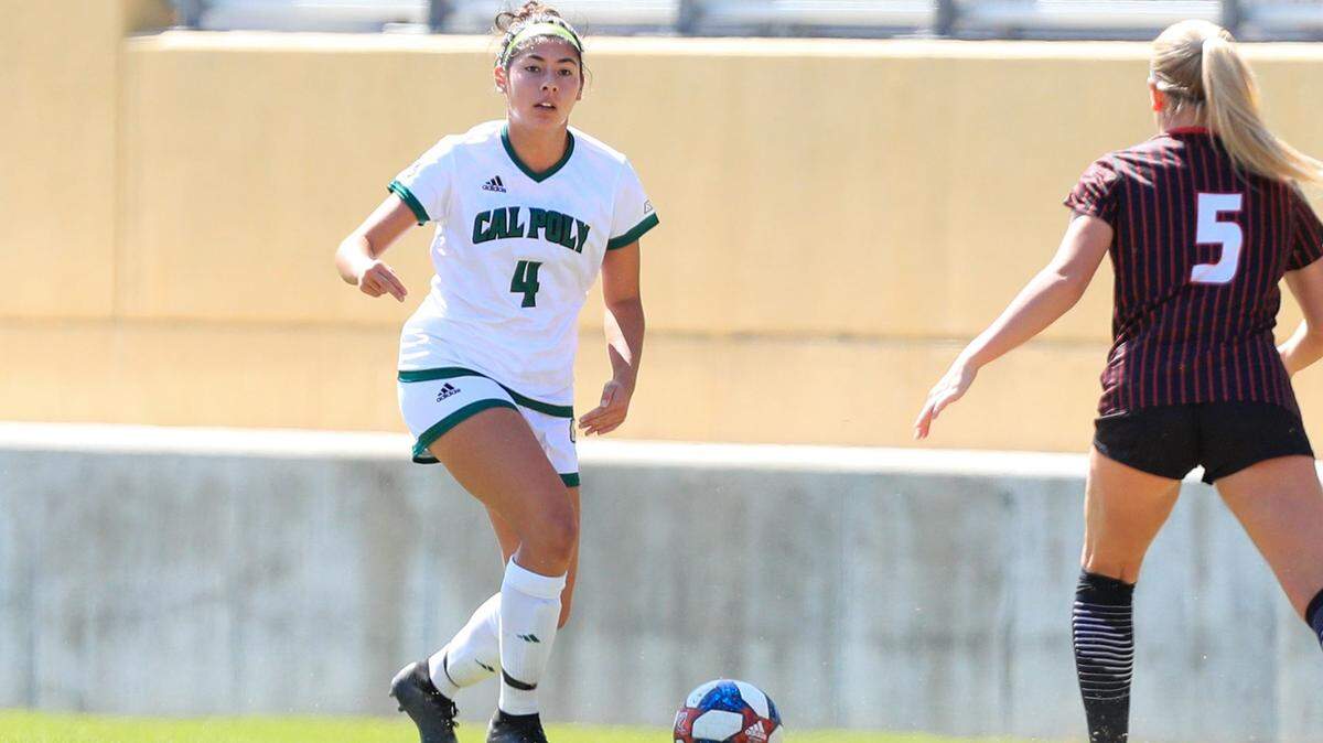 Cal Poly’s Emily Talmi dribbles the ball in a previous match. Talmi scored one goal against Cal State Northridge on Oct. 10. The Mustangs defeated the Matadors 3-0 at Alex G. Spanos Stadium.