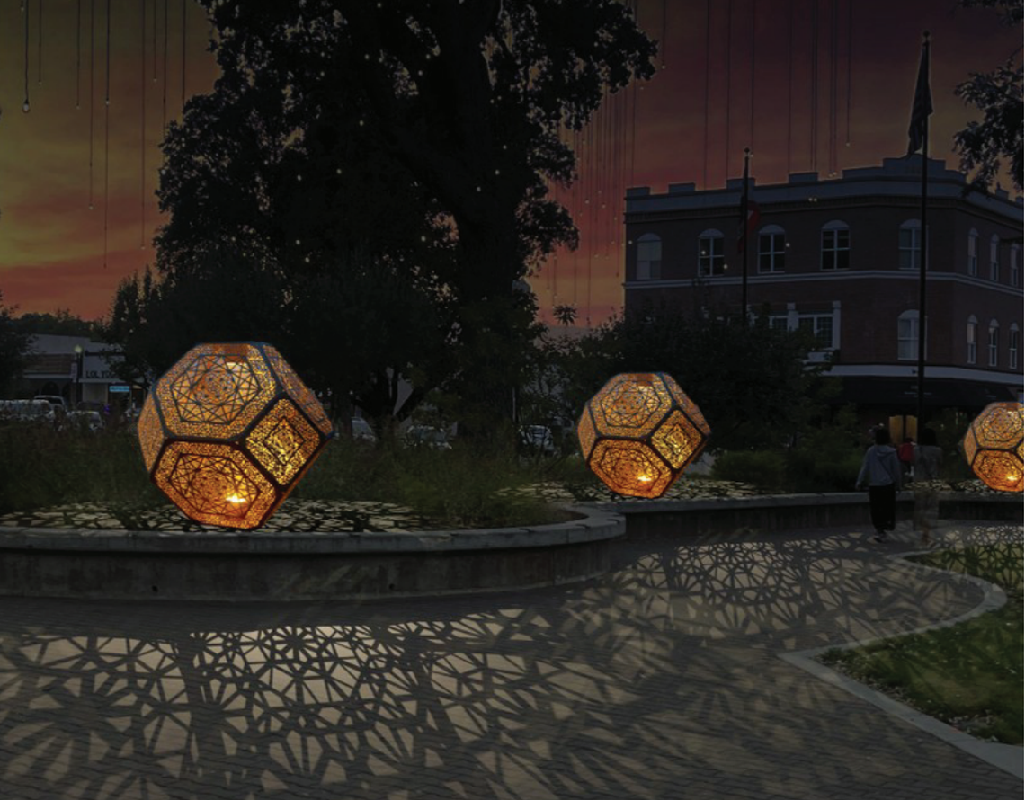 Sensorio will donate three steel sculptures, designed by artist duo HYBYCOZO, to the Downtown City Park in Paso Robles, the City Council decided on Jan. 14, 2026. An artist rendering shows what the installation is expected to look like.