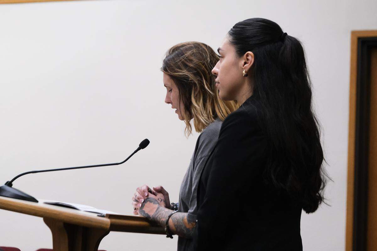 Carrie Young, left, gives her victim impact statement with the support of San Luis Obispo County Deputy District Attorney Bianca Aguayo at James Peter Thomas’ sentencing in San Luis Obispo Superior Court on June 5, 2024. Thomas pleaded no contest to the misdemeanor sexual battery of Young in May 2023.