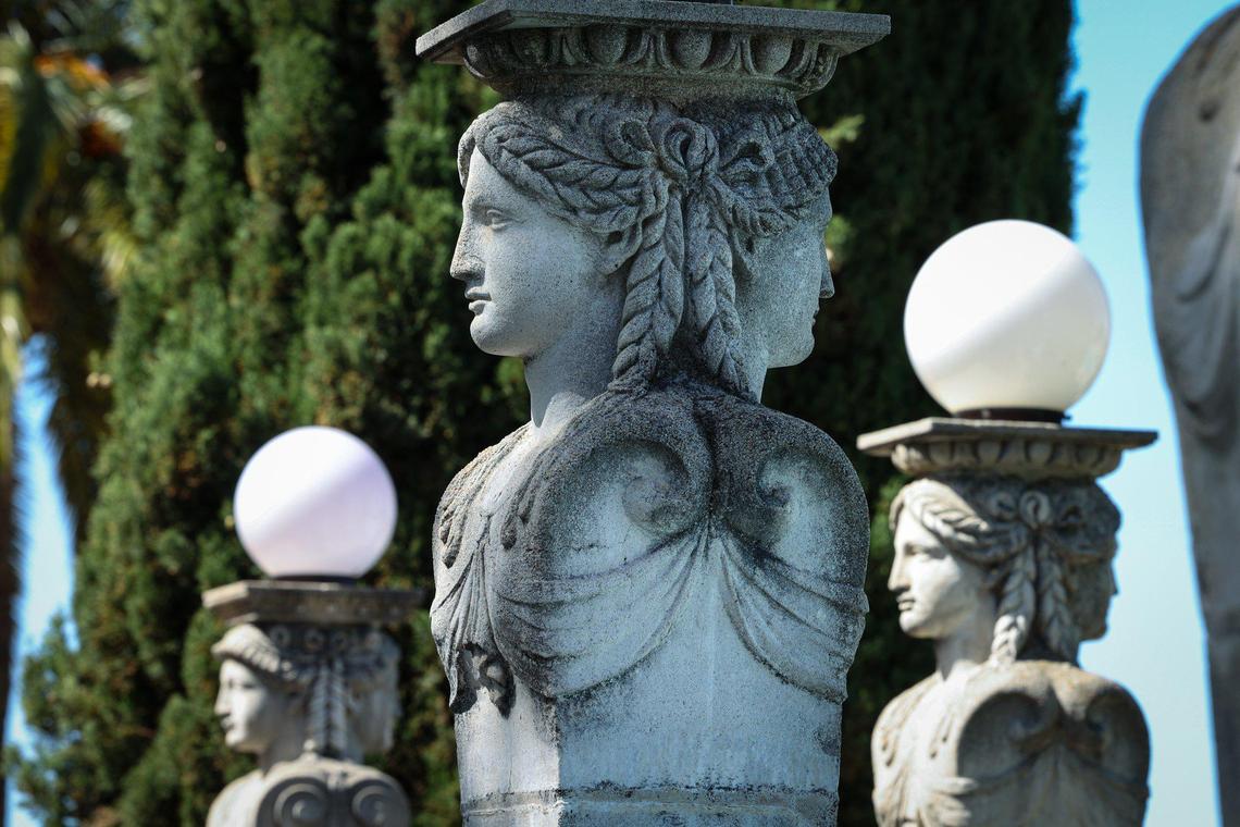 Cast concrete light standards made by craftsmen on the hilltop during construction of Hearst Castle.