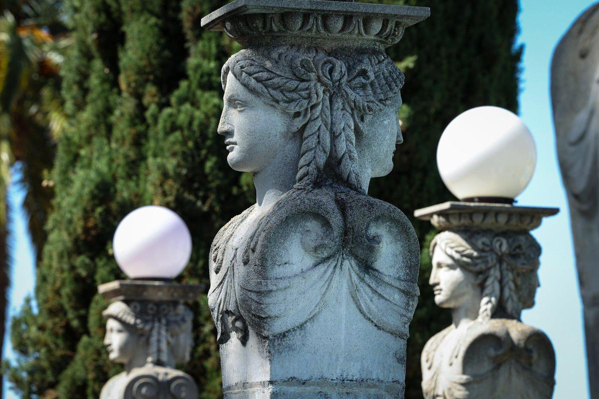 Cast concrete light standards made by craftsmen on the hilltop during construction of Hearst Castle. Preparations are being made to reopen Hearst Castle after COVID restrictions are lifted. Photos from April 6, 2022.