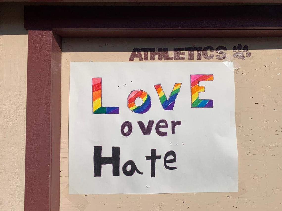 One of the new signs hung up around Paso Robles High School in San Luis Obispo County, California, after the school district’s new flag policy was released following an incident where a LGBTQ Pride flag was stolen from a classroom and defecated on.