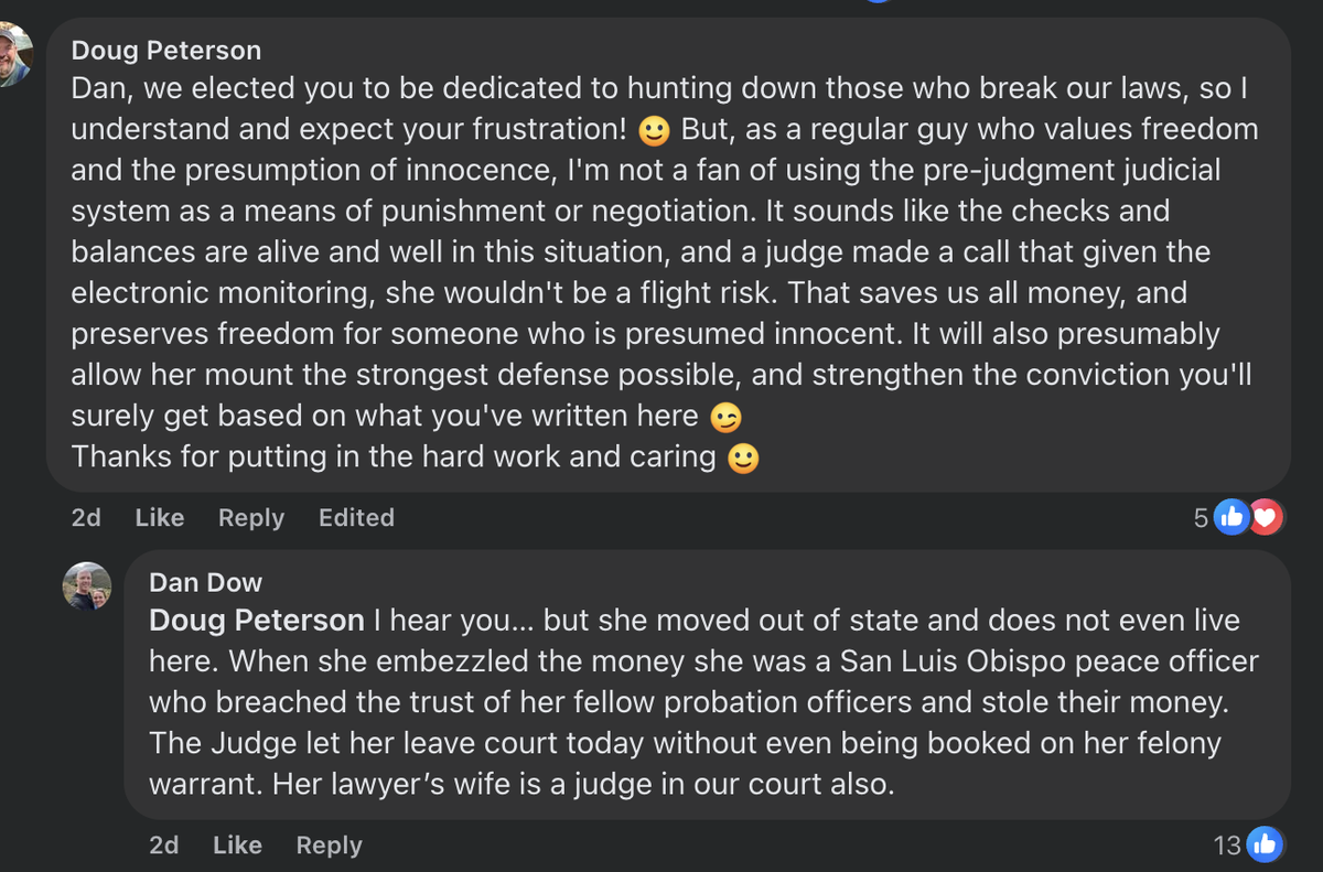 San Luis Obispo County District Attorney Dan Dow responds to a comment on Facebook under his post criticizing San Luis Obispo Superior Court Judge Barry LaBarbera’s decision to arraign former San Luis Obispo County probation officer Fallyn Rollins without her being booked into jail on Feb. 7, 2025.