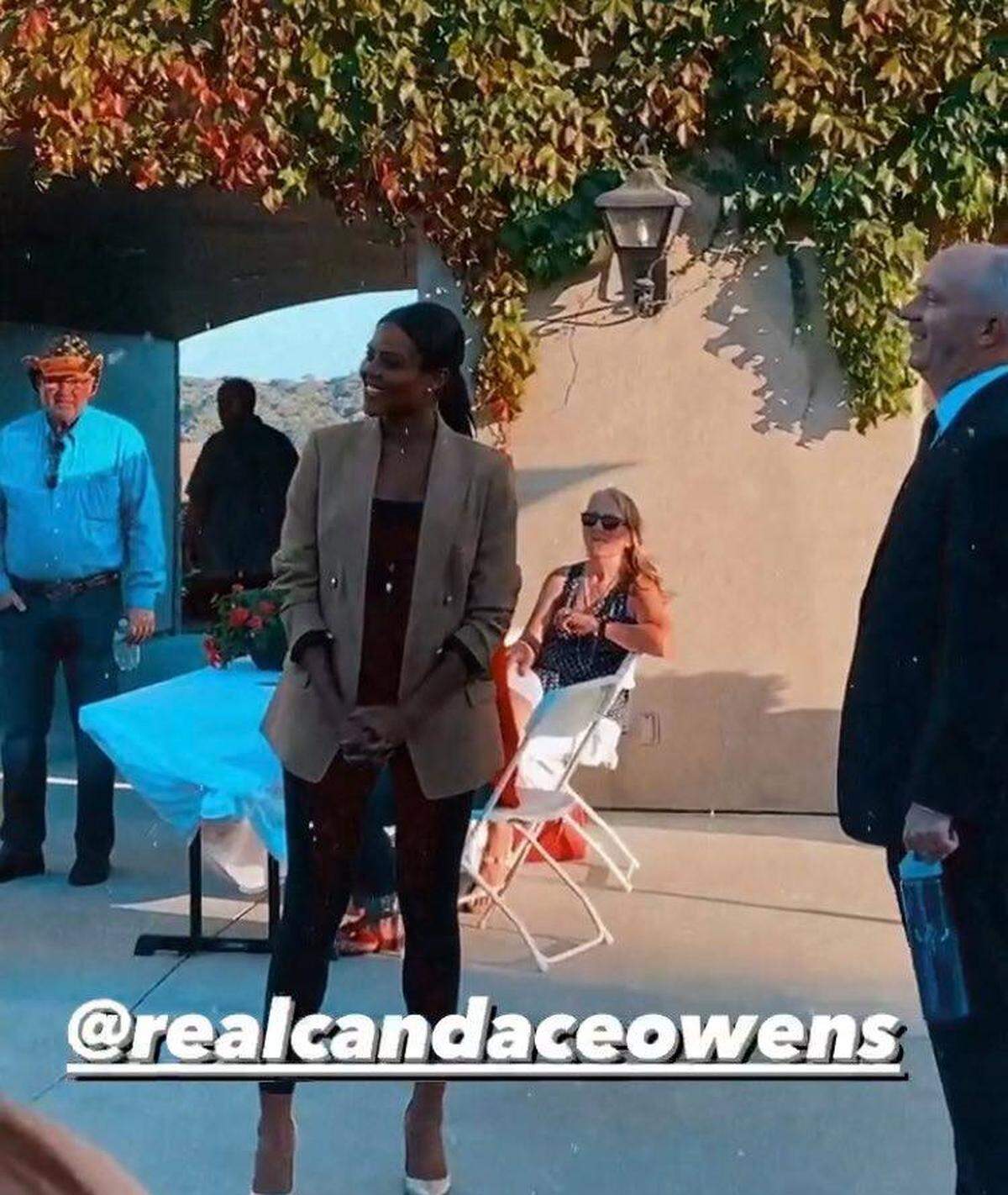 A screengrab from Instagram shows conservative activist Candace Owens with San Luis Obispo County District Attorney Dan Dow at an Oct. 13, 2020, fundraiser for the secessionist group New California State at Thousand Hills Ranch in Pismo Beach.