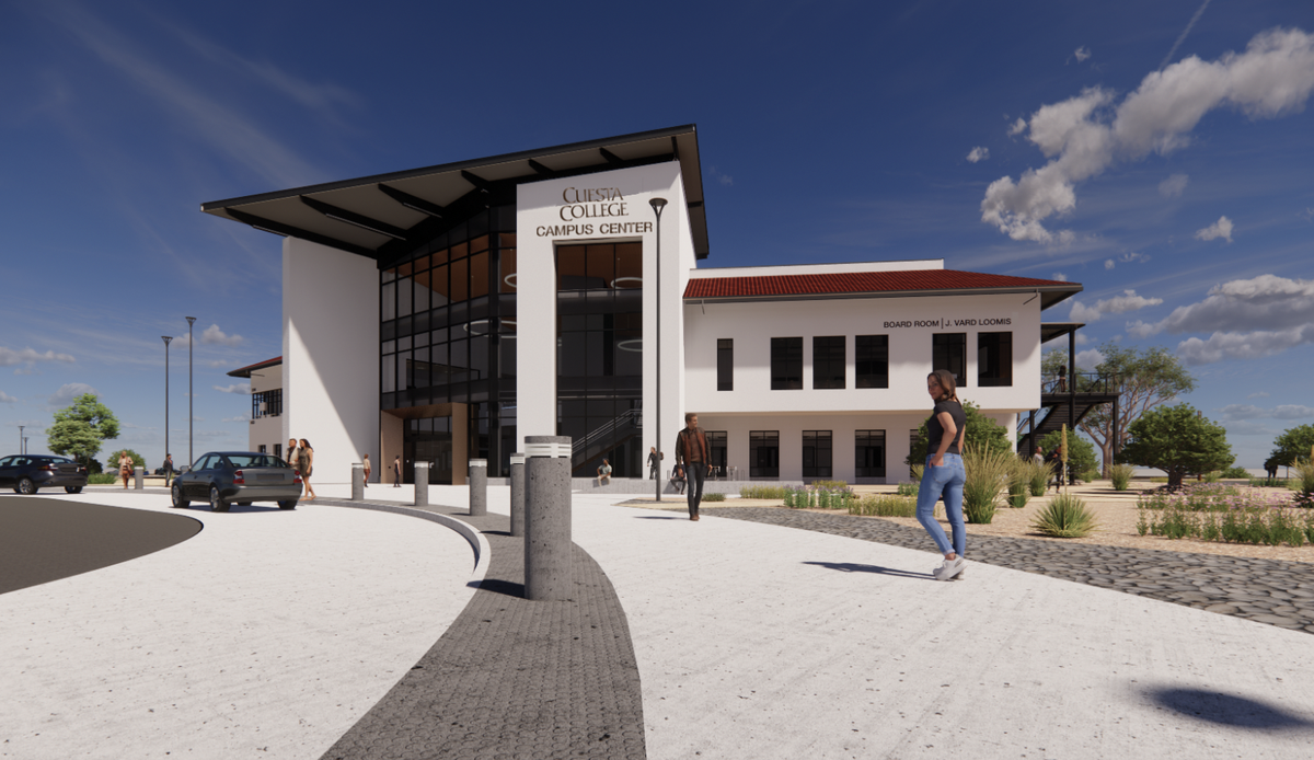 A new student center is set to open at Cuesta College in San Luis Obispo in summer 2025. A rendering shows a view of the new building.