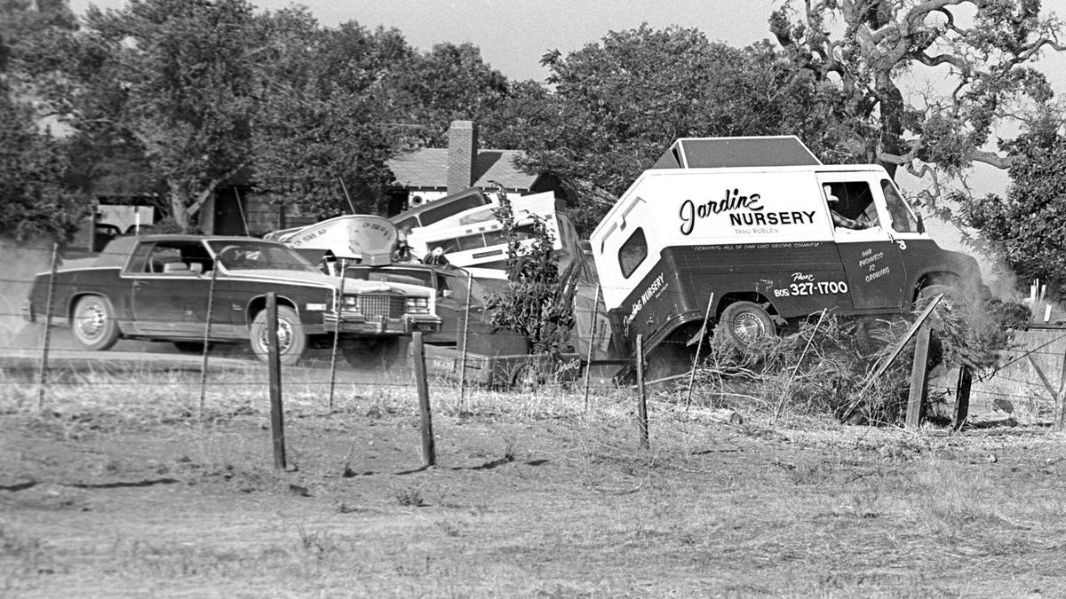 “The Junkman” films on Jardine Road on Aug. 16, 1980. The independent filmmaker H.B. Halicki set a record for number of vehicles and aircraft destroyed during the two years of production, about 250 from Halicki’s personal collection.