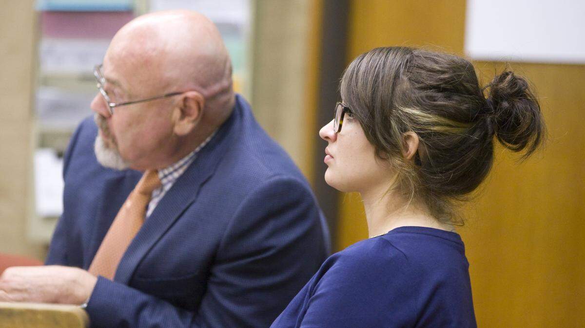 Marie Coyner and her attorney,  Ilan Funke-Bilu, at a hearing Thursday for a fatal texting while driving collision.
David Middlecamp
4-10-2014