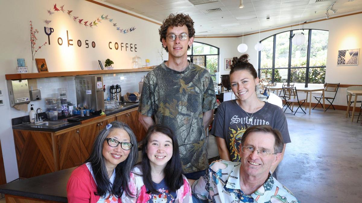 Yokoso coffee is open in Los Osos on Los Osos Valley Road, seen here on May 29, 2025. Seated in front are owners Christine, Alanna and Michael Williams. (Alana is their daughter.) Standing is manager David Mitchell and their baked goods are created by Brittany Armstrong, owner of Rise and Shine Bakehouse.