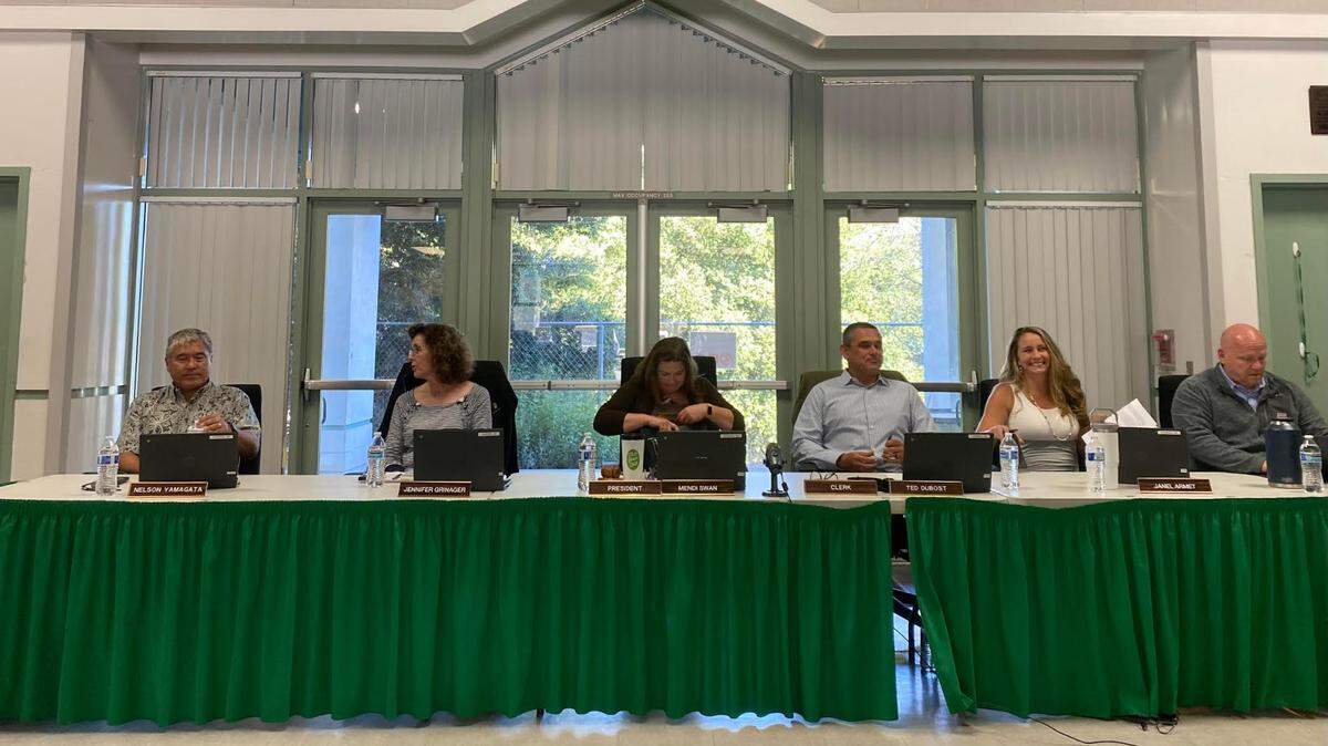 Templeton District Board members prepare for a June 20, 2023, meeting on transgender students’ use of opposite gender restrooms and locker rooms.