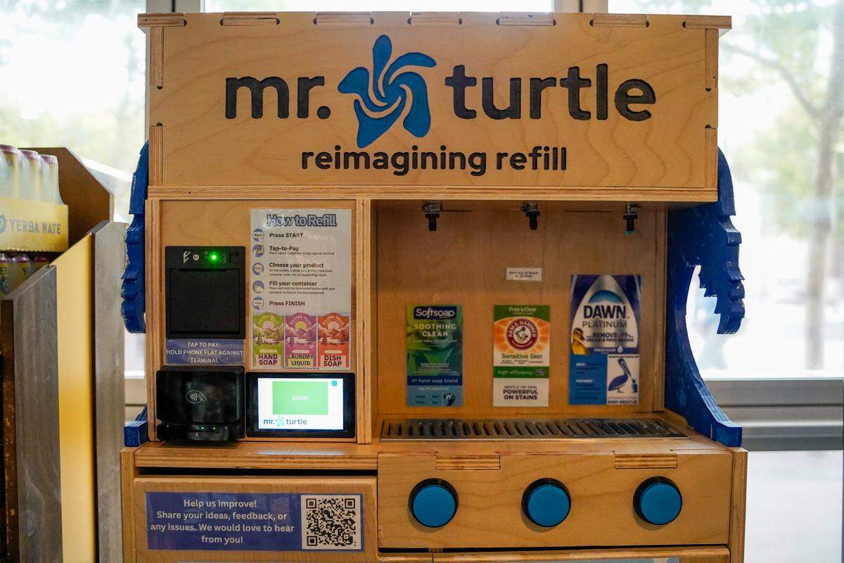 A Mr. Turtle soap refill machine at Cal Poly's Poly Canyon Village Market on Monday, March 30, 2026. The machines can refill dish soap, hand soap and laundry detergent using their own refillable containers.