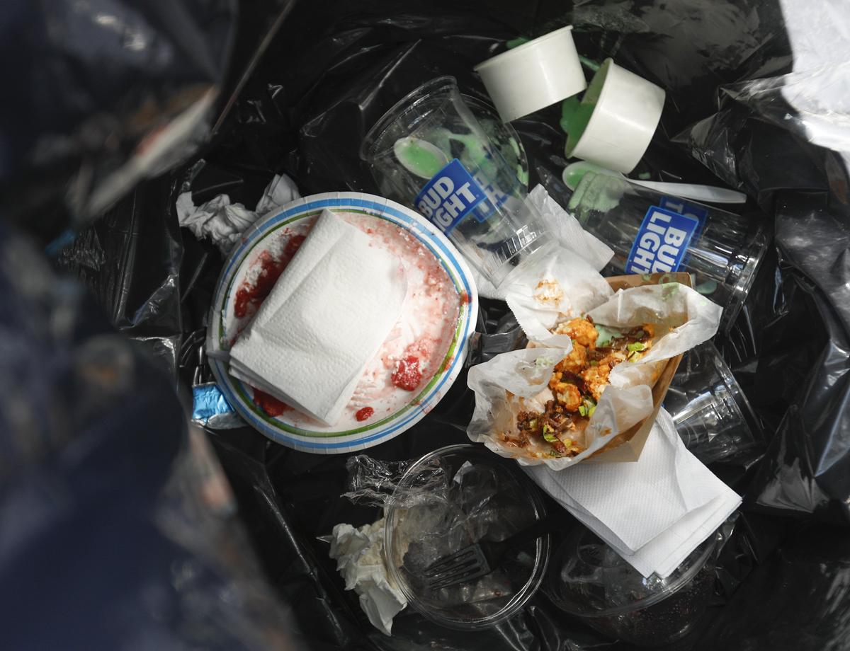 Garbage at the Mid State fairgrounds does not stay in one place long. Collection cans are in line of sight almost everywhere as are crews are sweeping and hauling. Contents of a typical can. David Middlecamp 7-20-2018