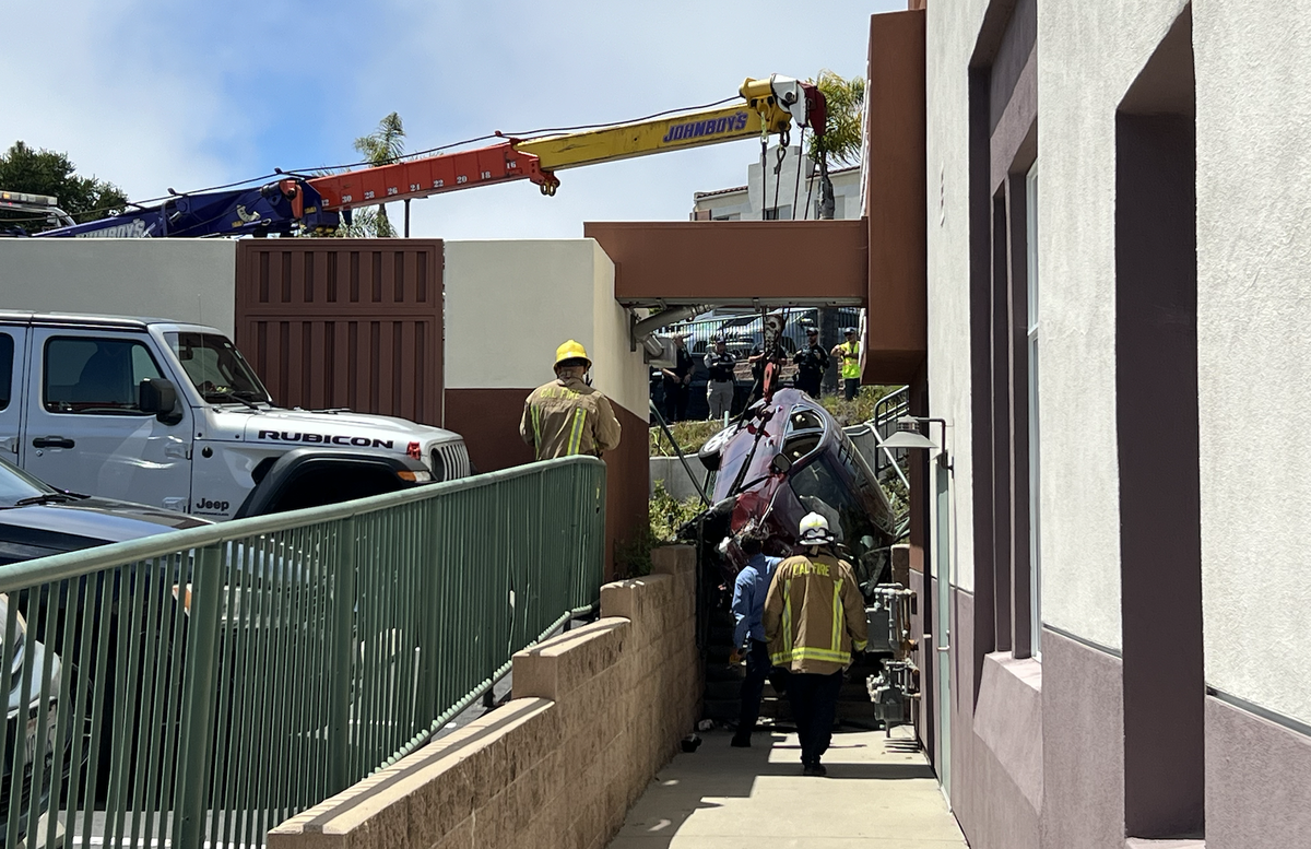 A car drove off the road and landed in the stairwell of the Five Cities Medical Imaging center in Pismo Beach on Friday, July 19, at 12:45 p.m. Johnboy’s Towing pulled the vehicle out of the stairwell.