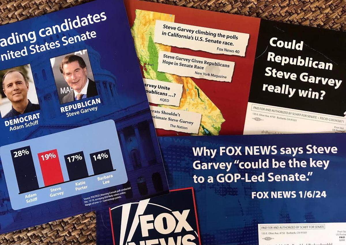 Ahead of the primary election, Rep. Adam Schiff’s campaign paid for fliers that promoted Steve Garvey as a conservative threat. They were intended to boost Garvey’s image with Republican voters.