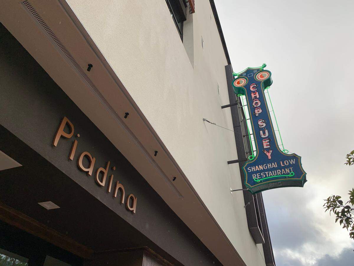A chop suey sign outside Hotel SLO’s Piadina restaurant pays tribute to the area’s history as home to San Luis Obispo Chinatown district.