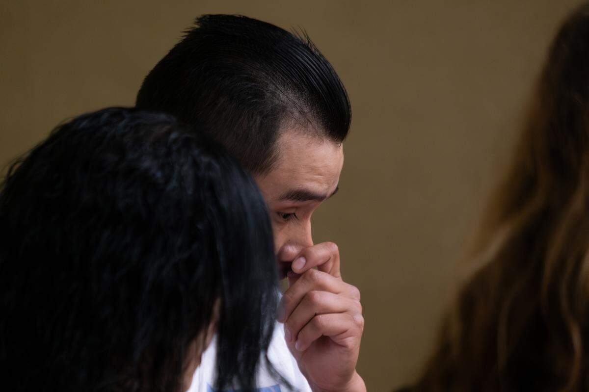 Francisco Gutiérrez cries as he gives a statement to the judge who was sentencing Zachary Bernal, the man who killed her 11-year-old son while he drove under the influence of fentanyl, in San Luis Obispo Superior Court on June 25, 2025.