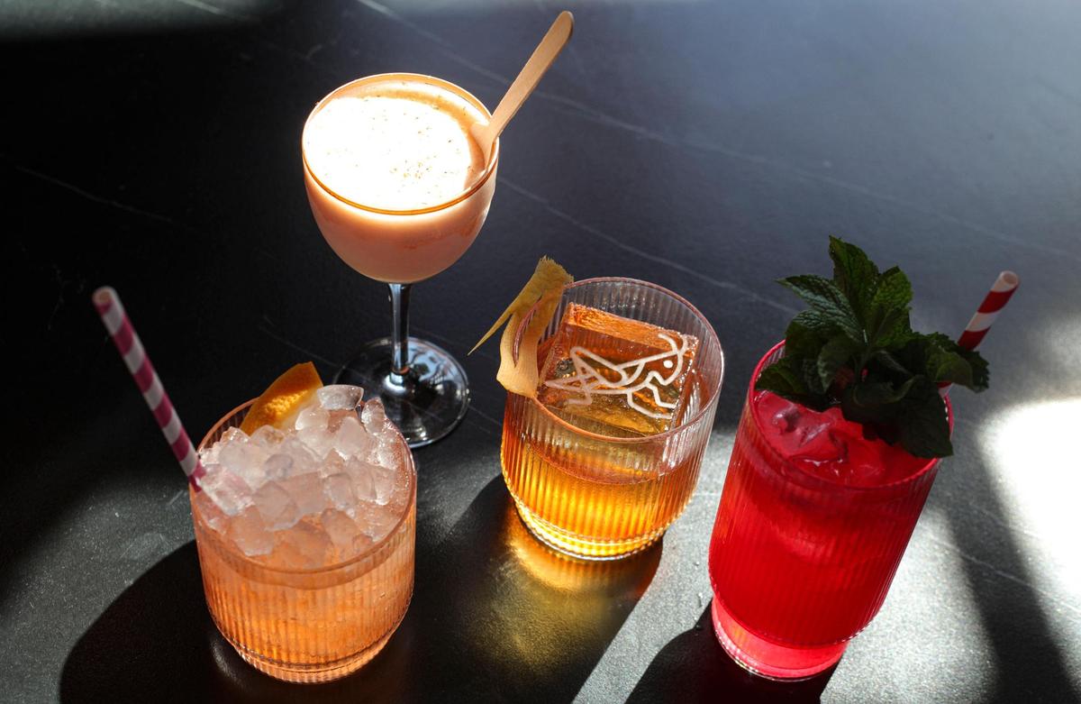 From left: Yoko Spritz; (def not a) Painkiller, slushie; House Old Fashioned; Jamaica Mule. Condesa next door to boutique hotel Petit Soleil, seen here on July 2, 2025.