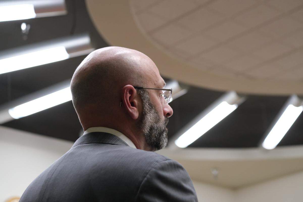 San Luis Obispo County Deputy District Attorney Ben Blumenthal speaks to the judge during Norman Hibble’s arraignment in San Luis Obispo Superior Court on Feb. 23, 2024. Hibble is accused of embezzling at least $250,000 from San Luis Obispo County while working in the technology department.
