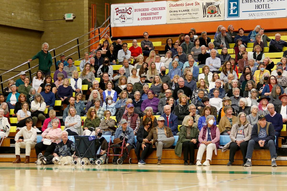 An overflow crowd in the gym listens to Sen. Adam Schiff and Congressman Salud Carbajal’s town hall at Cuesta College in San Luis Obispo on Tuesday, April 22, 2025.