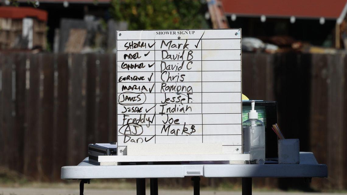 A full shower schedule as “Shower the People,” helps homeless connect with services Oct. 25., 2022 at Unitarian Universalist Church near Meadow Park.