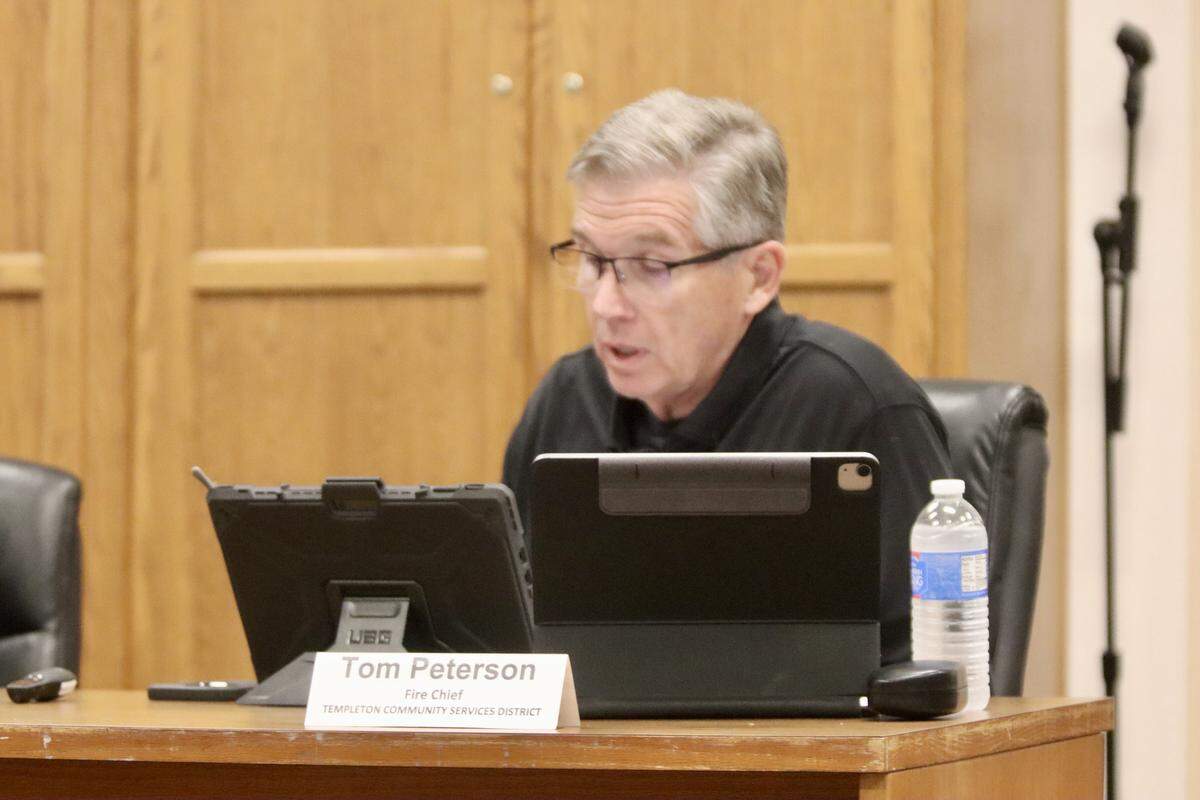 Templeton Fire Chief Tom Peterson spoke at the Templeton Community Services District Board of Directors meeting on Jan. 20, 2026, as the directors considered alternative staffing options for Fire and Emergency Services, which was on the brink of losing an $800,000 grant that fund two full-time engineers.