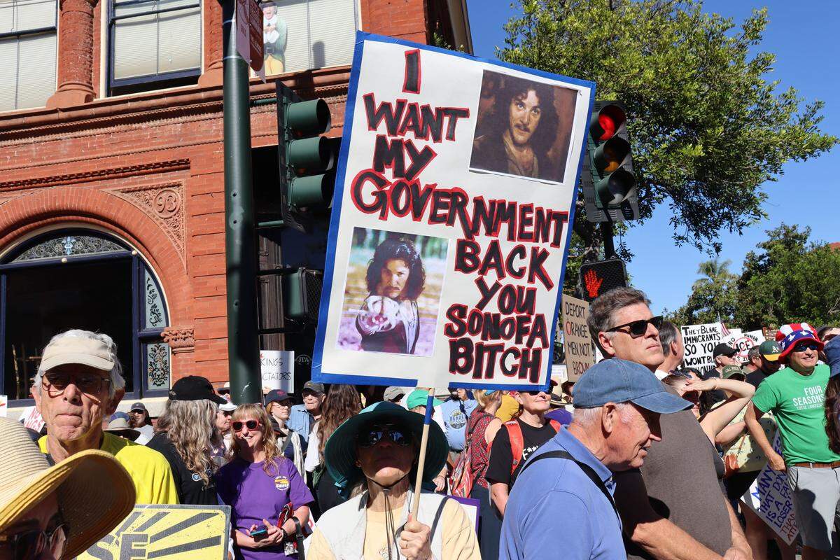 Thousands of people attended the No Kings rally in downtown San Luis Obispo to protest the Trump administration and support Prop. 50 on Oct. 18, 2025.